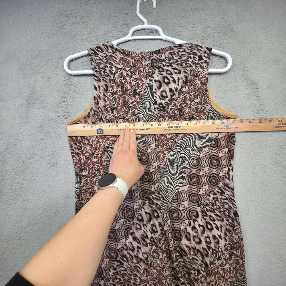 Vintage Kathie Lee Dress Womens XL Brown Patchwork Animal Print Floral Tie Neck‎